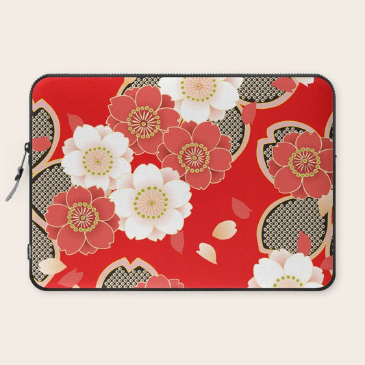 Japanese Vintage Red Black White Floral Kimono Pattern Laptop Sleeve Gallery Image 2