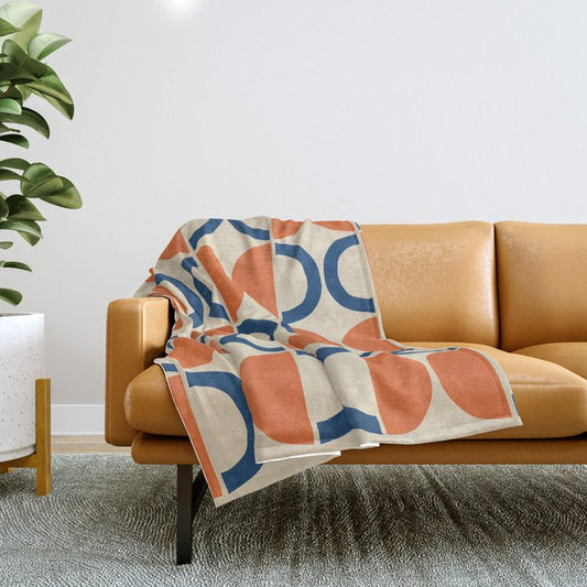 Mid Century Modern Scandinavian Pattern 534 Beige Blue and Orange Throw Blanket Gallery Image 1