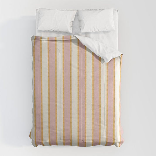 Pastel Pink And Gold Braid Cabana Stripes On Off-White Cream Vintage Aesthetic Comforter Gallery Image 1
