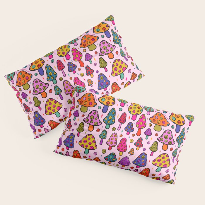 Smiley Mushrooms Print in Pink Pillow Sham Gallery Image 2