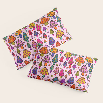 Smiley Mushrooms Print in Pink Pillow Sham Gallery Image 2