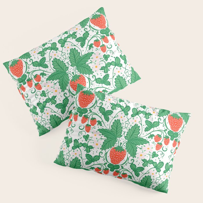 Fresh Strawberry Vine and Floral Pattern on White Pillow Sham Gallery Image 1