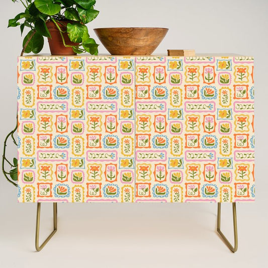 Vintage colorful flower art frame pattern Credenza Gallery Image 1