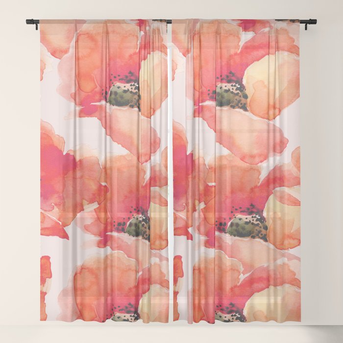 Abstract watercolor red orange pink poppies flowers Window Curtain Gallery Image 21