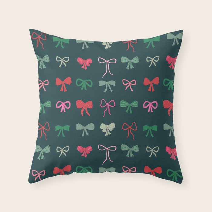 Christmas bows pattern green pink red Throw Pillow Gallery Image 6
