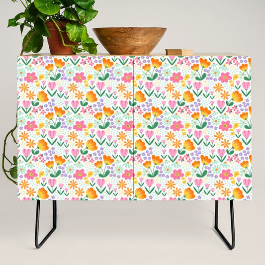 Colorful retro flower folk art pattern Credenza Gallery Image 2