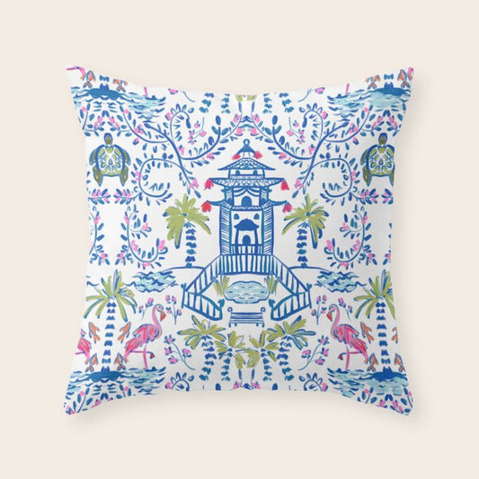 Colorful Coastal Chinoiserie Throw Pillow Gallery Image 1