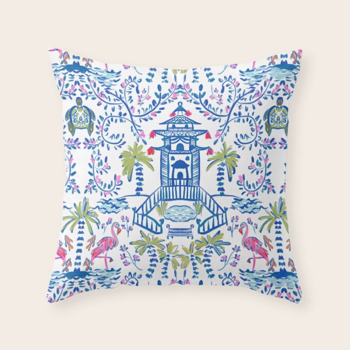 Colorful Coastal Chinoiserie Throw Pillow Gallery Image 2