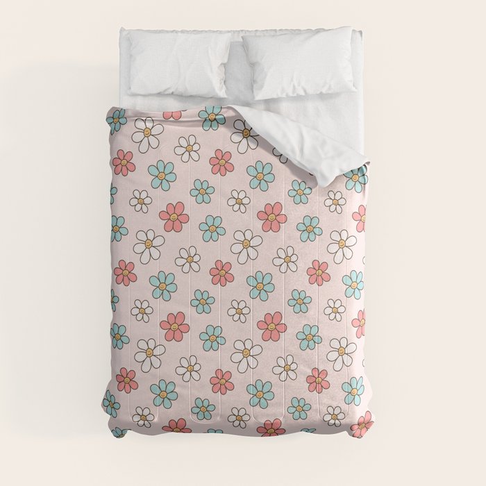Happy Daisy Pattern, Cute and Fun Smiling Colorful Daisies Comforter Gallery Image 3