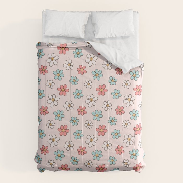 Happy Daisy Pattern, Cute and Fun Smiling Colorful Daisies Comforter Gallery Image 6