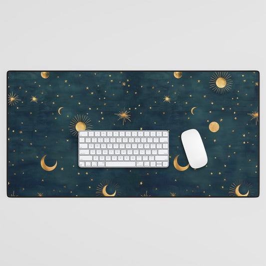 Golden Sun Moon and Stars Radiating the Universes Light Within You Desk Mat Gallery Image 1