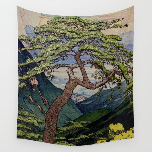The Downwards Climbing - Summer Tree & Mountain Ukiyoe Nature Landscape in Green Wall Tapestry Gallery Image 1