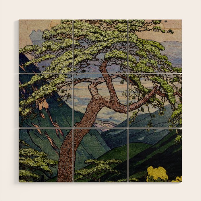 The Downwards Climbing - Summer Tree & Mountain Ukiyoe Nature Landscape in Green Wood Wall Art Gallery Image 1