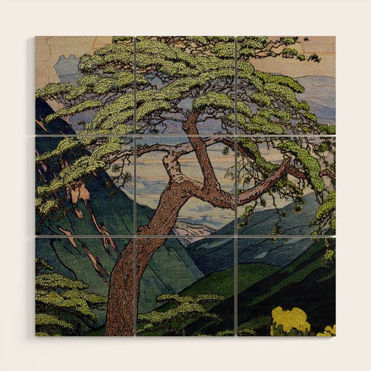 The Downwards Climbing - Summer Tree & Mountain Ukiyoe Nature Landscape in Green Wood Wall Art Gallery Image 1