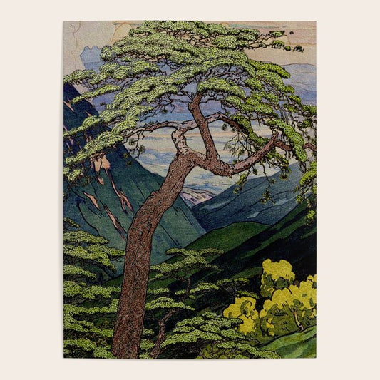 The Downwards Climbing - Summer Tree & Mountain Ukiyoe Nature Landscape in Green Poster Gallery Image 2