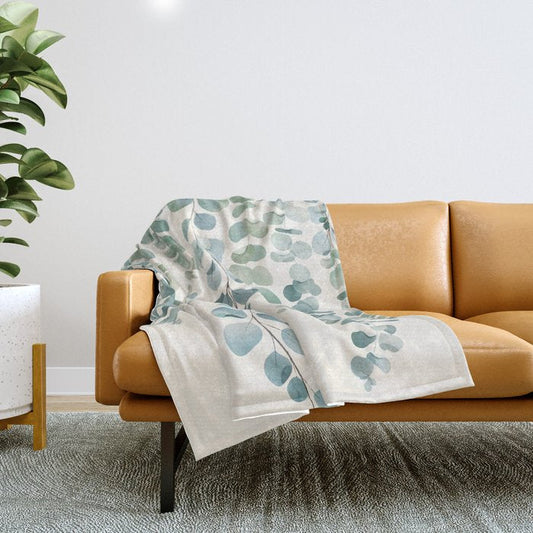Watercolor Eucalyptus Leaves Throw Blanket Gallery Image 1