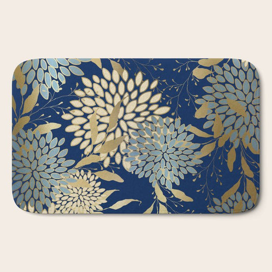Floral Blooms and Leave, Blue, Navy, Gold, Cream Bath Mat Gallery Image 2