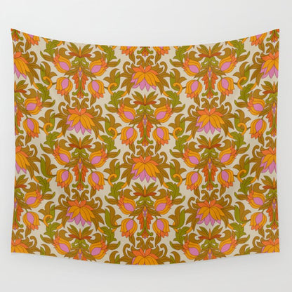 Orange, Pink Flowers and Green Leaves 1960s Retro Vintage Pattern Wall Tapestry Gallery Image 1