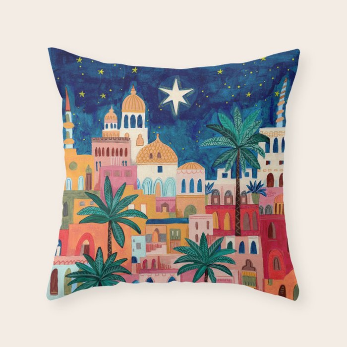 Oriental city under a starry sky in bright colours Throw Pillow Gallery Image 6