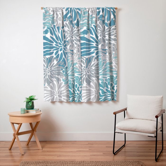 Chic, Flowers Print, Grey, Teal, Turquoise Window Curtain Gallery Image 7