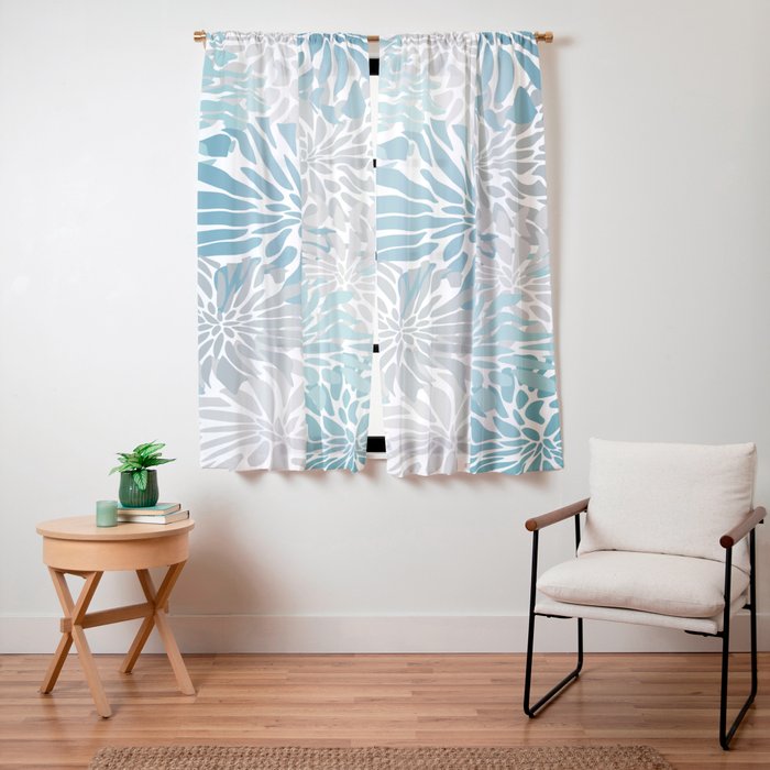 Chic, Flowers Print, Grey, Teal, Turquoise Window Curtain Gallery Image 15