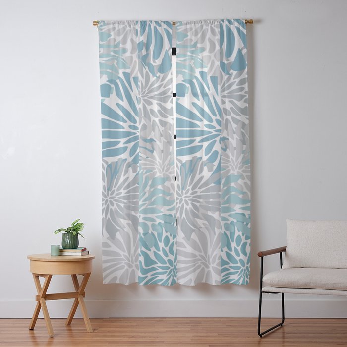 Chic, Flowers Print, Grey, Teal, Turquoise Window Curtain Gallery Image 9