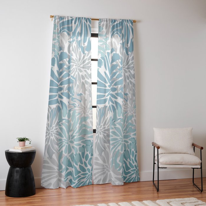 Chic, Flowers Print, Grey, Teal, Turquoise Window Curtain Gallery Image 10