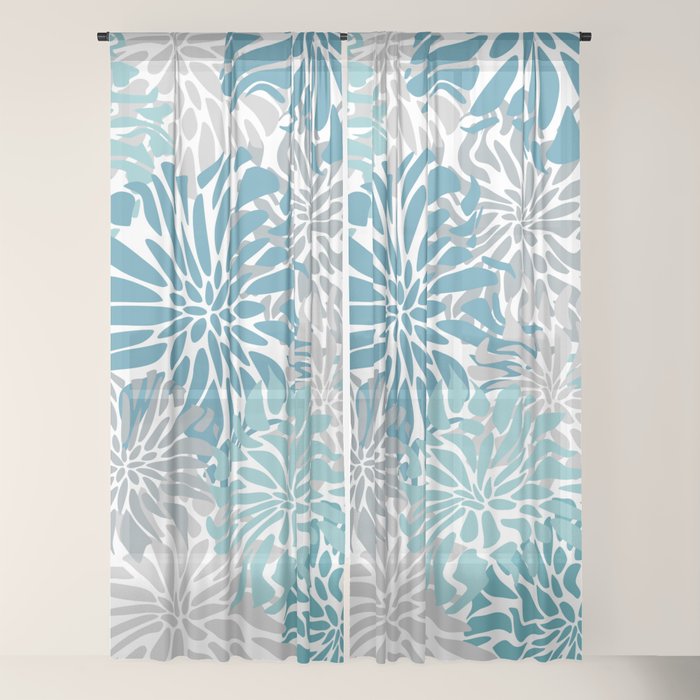 Chic, Flowers Print, Grey, Teal, Turquoise Window Curtain Gallery Image 22