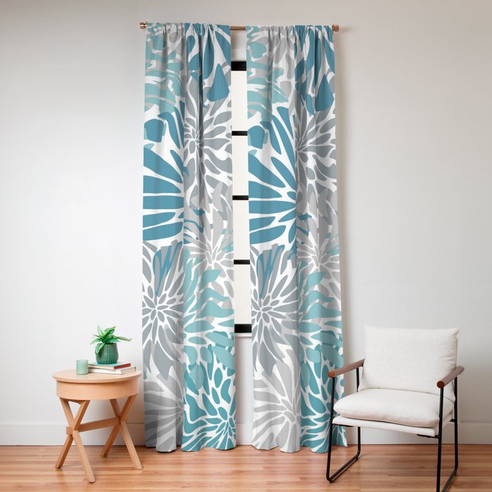 Chic, Flowers Print, Grey, Teal, Turquoise Window Curtain Gallery Image 4