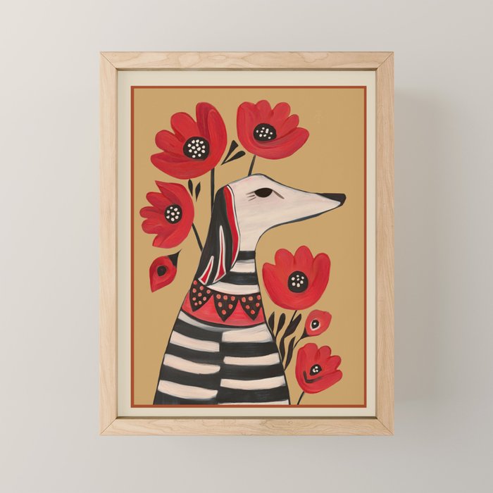 Striped Dog with Poppies Mini Art Print Gallery Image 1