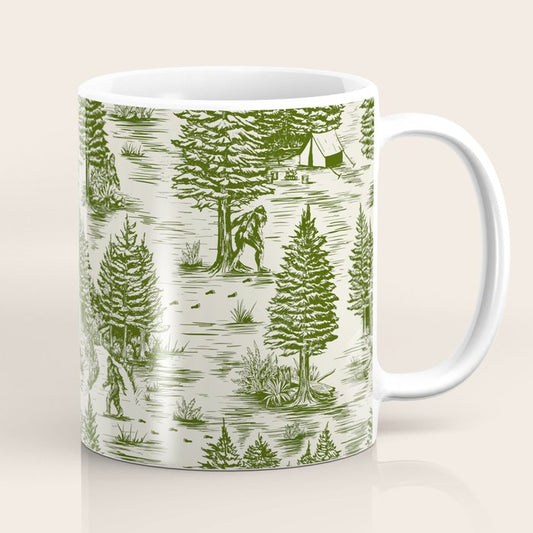 Bigfoot / Sasquatch Toile de Jouy in Forest Green Coffee Mug Gallery Image 1