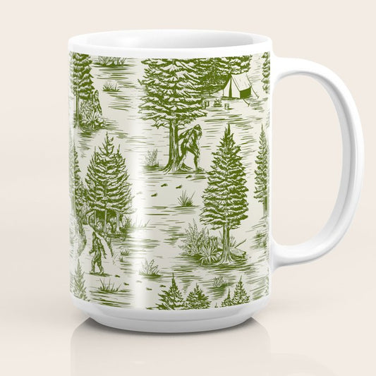Bigfoot / Sasquatch Toile de Jouy in Forest Green Coffee Mug Gallery Image 2