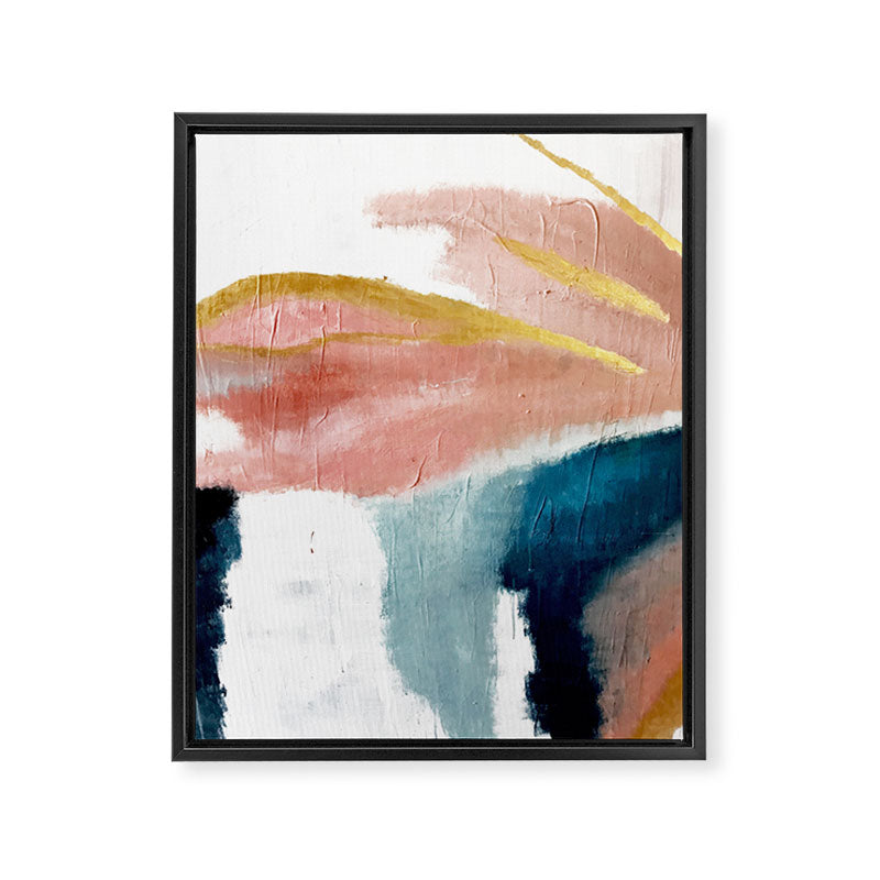 Exhale: a pretty, minimal, acrylic piece in pinks, blues, and gold Framed Canvas Print Gallery Image 3