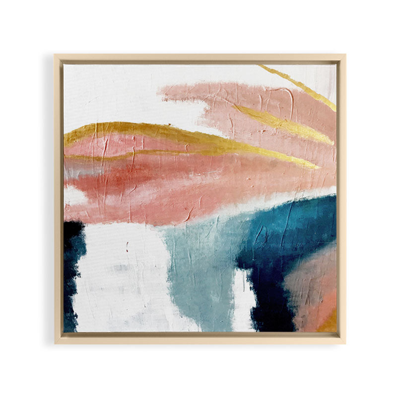 Exhale: a pretty, minimal, acrylic piece in pinks, blues, and gold Framed Canvas Print Gallery Image 24