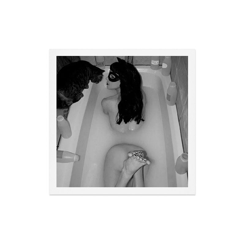 A girl and her cat lapping it up in milk; apartment bathtub nude portrait black and white photograph - photography - photographs Art Print Gallery Image 5