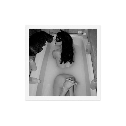A girl and her cat lapping it up in milk; apartment bathtub nude portrait black and white photograph - photography - photographs Art Print Gallery Image 5
