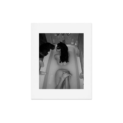 A girl and her cat lapping it up in milk; apartment bathtub nude portrait black and white photograph - photography - photographs Art Print Gallery Image 6