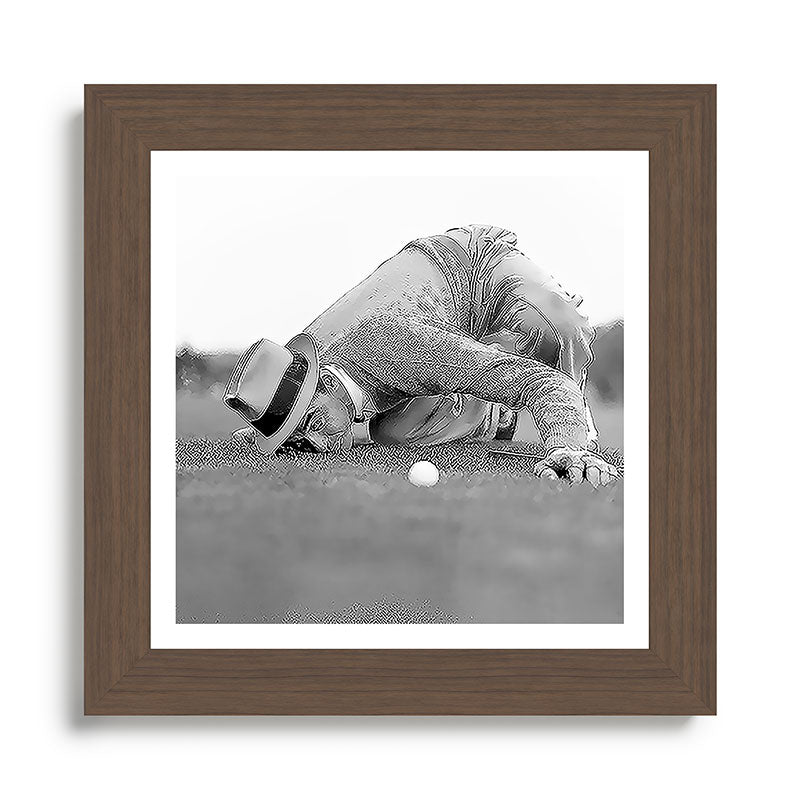 Eye to the ground on the 18th hole; golfing man eyes ball to measure distance to hole vintage black and white portrait photograph - photography - photographs poster Framed Art Print Gallery Image 57