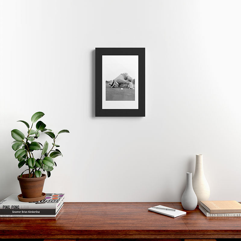 Eye to the ground on the 18th hole; golfing man eyes ball to measure distance to hole vintage black and white portrait photograph - photography - photographs poster Framed Art Print Gallery Image 42
