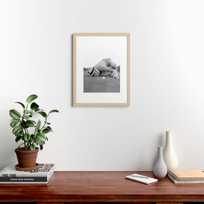 Eye to the ground on the 18th hole; golfing man eyes ball to measure distance to hole vintage black and white portrait photograph - photography - photographs poster Framed Art Print Gallery Image 64