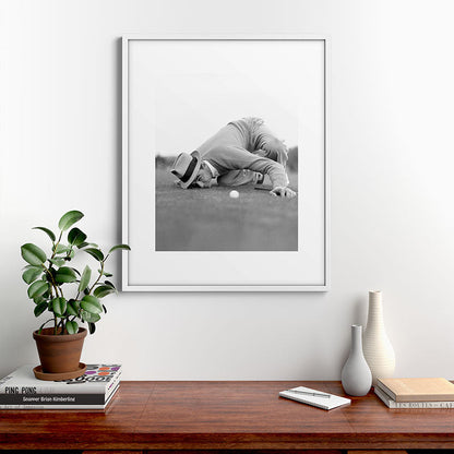 Eye to the ground on the 18th hole; golfing man eyes ball to measure distance to hole vintage black and white portrait photograph - photography - photographs poster Framed Art Print Gallery Image 39