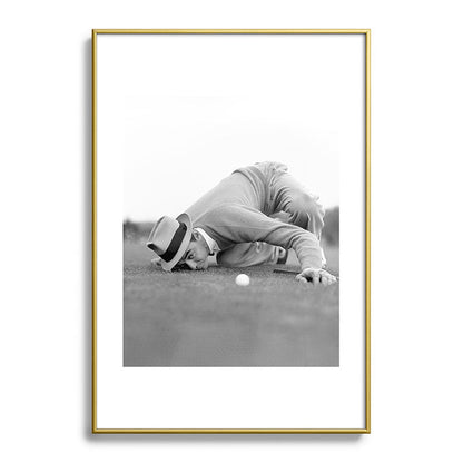 Eye to the ground on the 18th hole; golfing man eyes ball to measure distance to hole vintage black and white portrait photograph - photography - photographs poster Framed Art Print Gallery Image 123