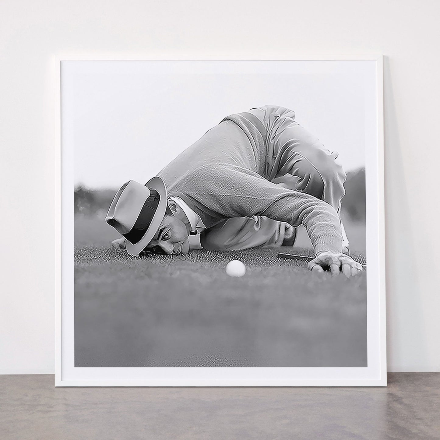 Eye to the ground on the 18th hole; golfing man eyes ball to measure distance to hole vintage black and white portrait photograph - photography - photographs poster Framed Art Print Gallery Image 43