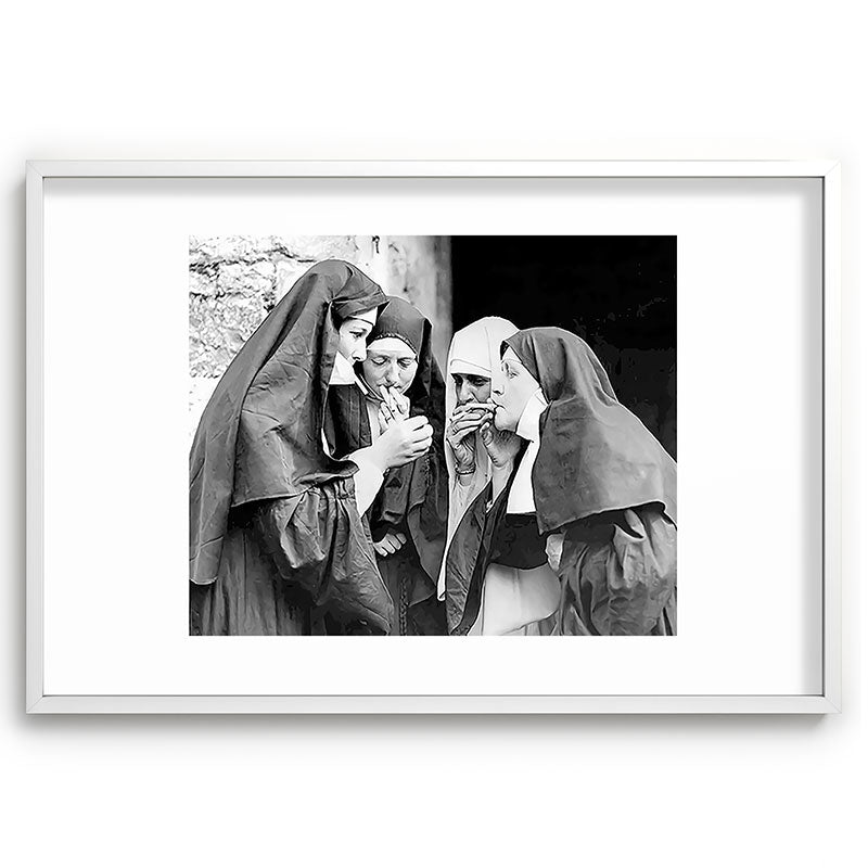 Nuns smoking black and white photograph - photography - photographs portrait for home and wall decor Framed Art Print Gallery Image 110
