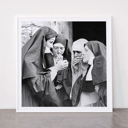Nuns smoking black and white photograph - photography - photographs portrait for home and wall decor Framed Art Print Gallery Image 43