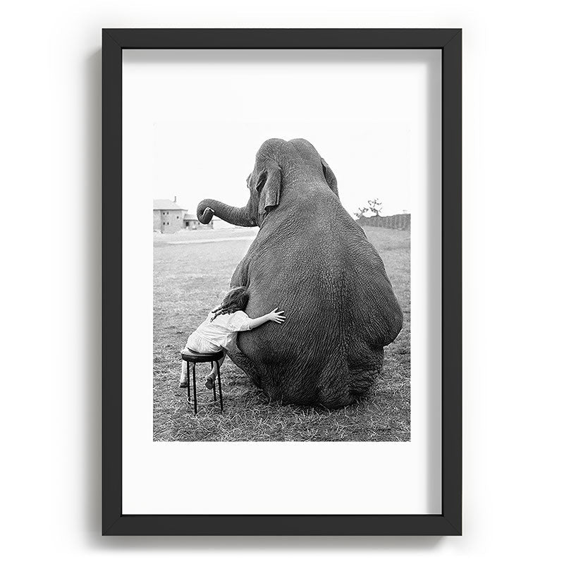 Odd Best Friends, Sweet Little Girl hugging elephant black and white photograph Framed Art Print Gallery Image 81