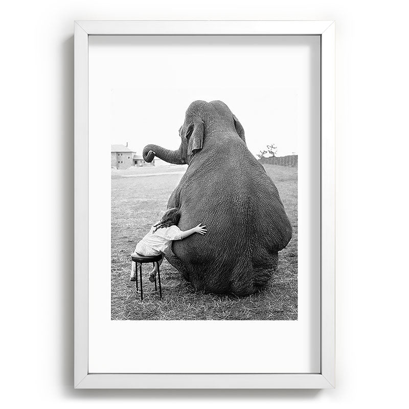 Odd Best Friends, Sweet Little Girl hugging elephant black and white photograph Framed Art Print Gallery Image 105