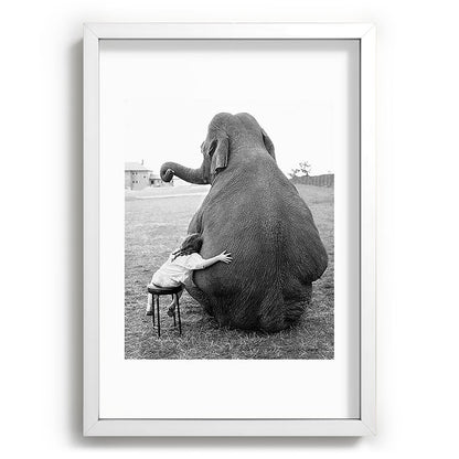 Odd Best Friends, Sweet Little Girl hugging elephant black and white photograph Framed Art Print Gallery Image 105