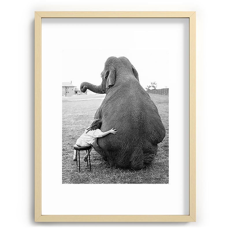 Odd Best Friends, Sweet Little Girl hugging elephant black and white photograph Framed Art Print Gallery Image 100