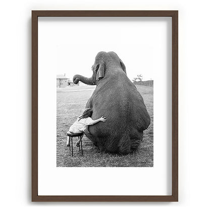 Odd Best Friends, Sweet Little Girl hugging elephant black and white photograph Framed Art Print Gallery Image 92